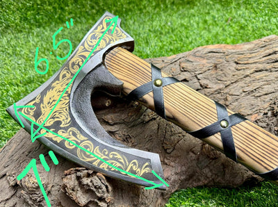 Viking Hatchet with Custom Handmade Engraved 1095 Steel Blade and Ash Wood Leather-Wrapped Handle – Battle Forge