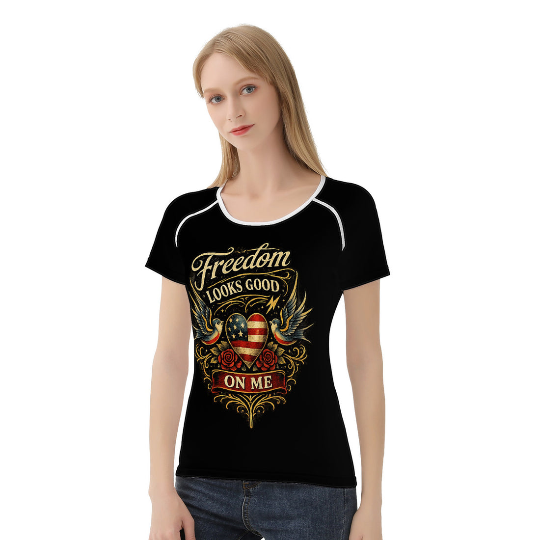Patriotic freedom looks good in black womens tshirt