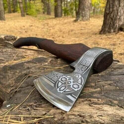 Battle Axe Set: Tomahawk and Hammer with Custom Handmade Forged Engraved 1095 Steel Blade – Warrior's Duo
